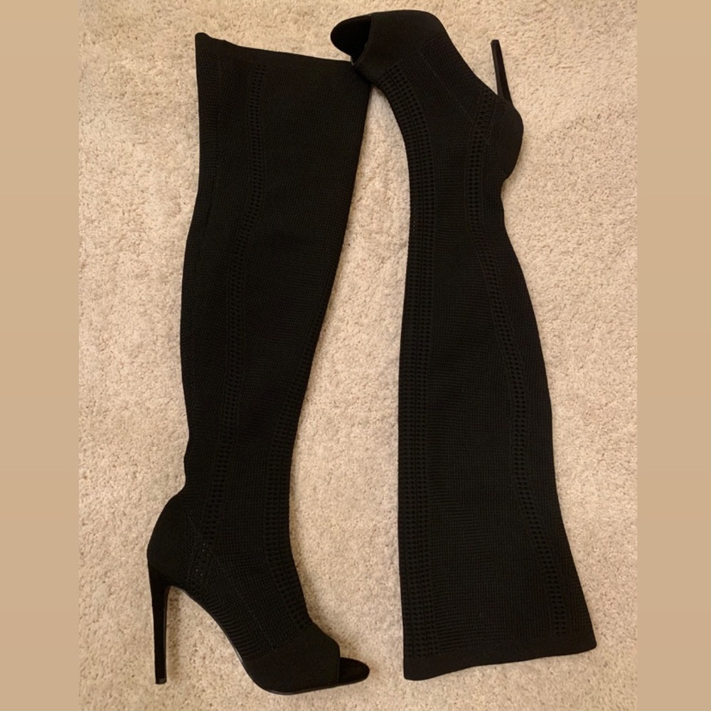 Like new Thigh high peep toe knit boots
